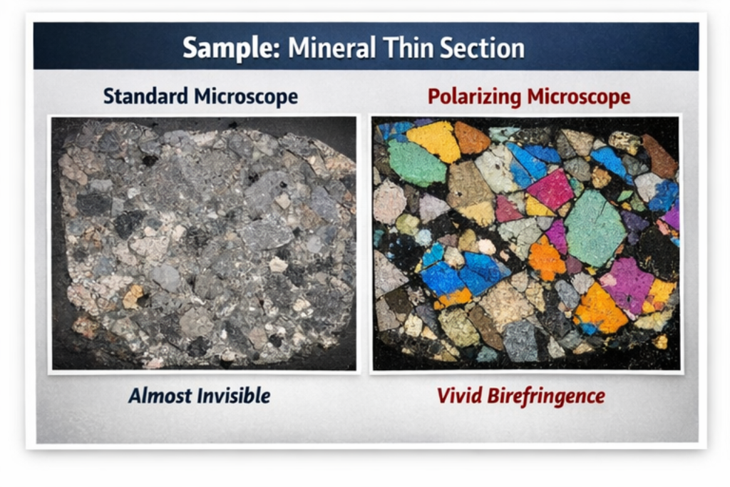 Polarizing Microscope vs. Standard Microscope： They "See" Different Things: The Detective Analogy