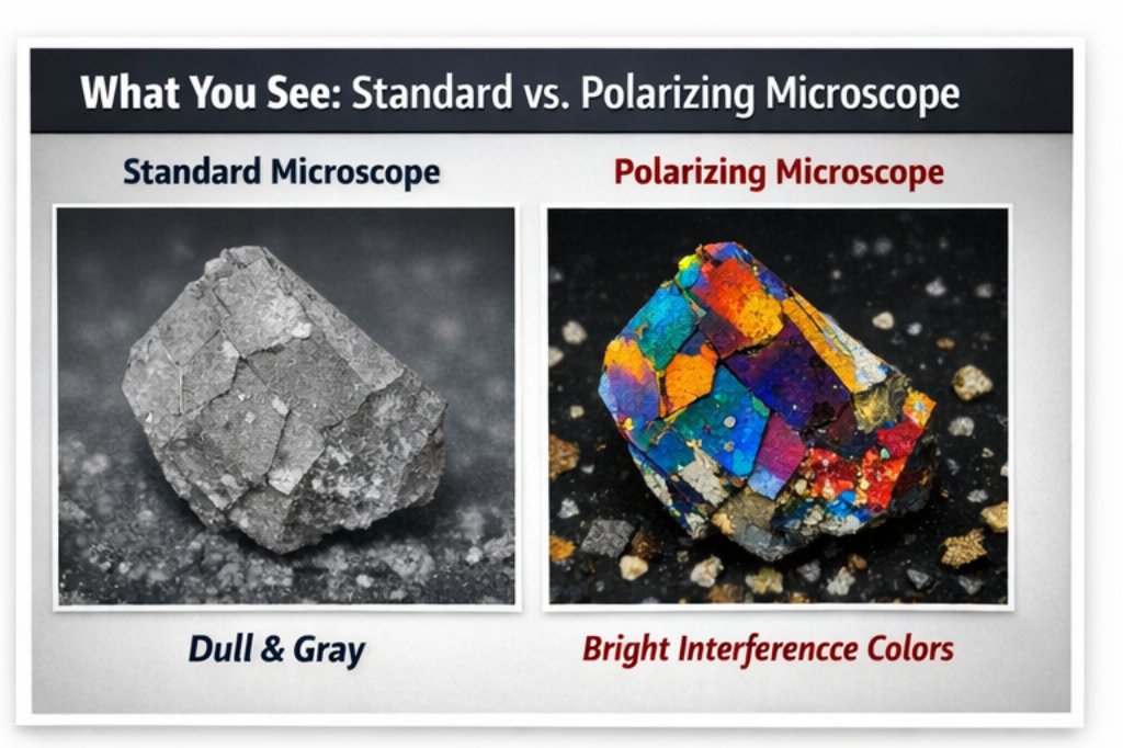 Polarizing Microscope vs. Standard Microscope： They "See" Different Things: The Detective Analogy